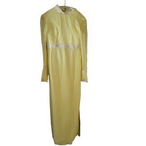 Vintage 1970s Pastel Yellow Maxi Dress with Lace Trim